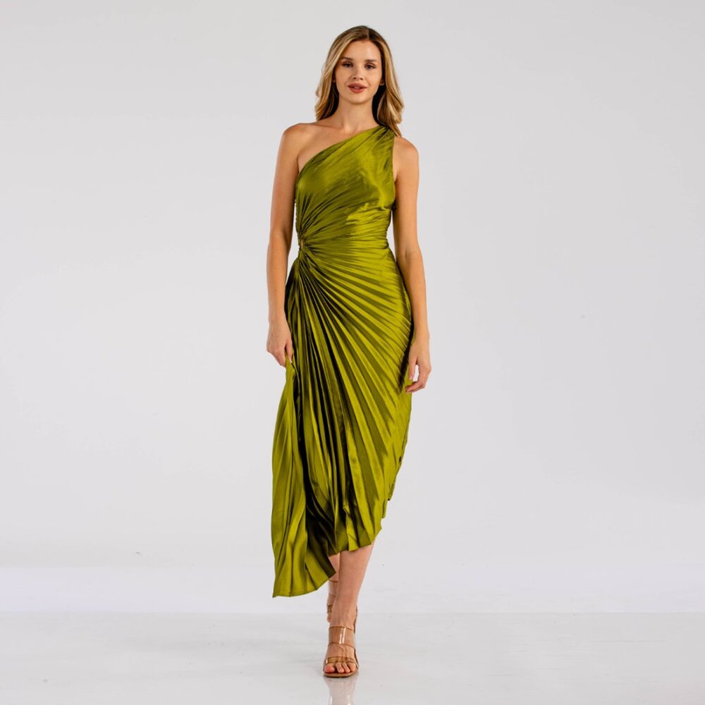 Olive one shoulder silky pleated dress - Elegant and luxury party dress - Picture 2 of 6